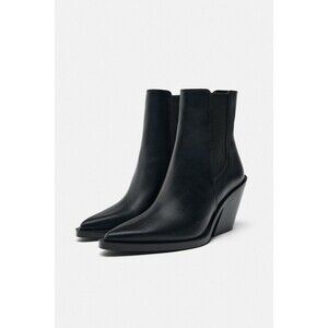 Zara Black Cowboy Style Ankle Boots Heeled Pointed Toe Women Size US 10 EUR 41